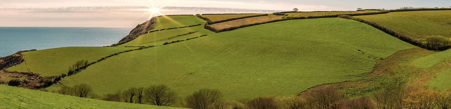 Die grünen Wiesen und Hügel von Cornwall erstrecken sich pittoresk bis zum Horizont, wo das azurblaue Meer sanft gegen den Himmel stößt.