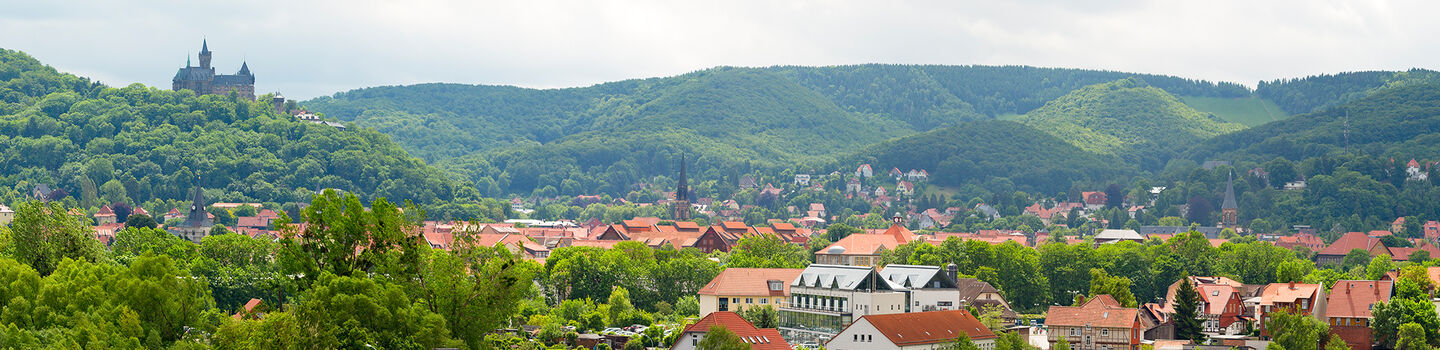 Blick auf die Stadt Wernigerode im Harz, mit ihren malerischen Fachwerkhäusern und dem imposanten Wernigeröder Schloss, umrahmt von den grünen Hügeln des Harzes.