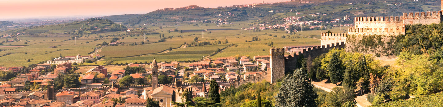 Ein beeindruckender Blick auf Soave, wo die historische Stadt mit ihrer mittelalterlichen Burg die Landschaft überragt.
