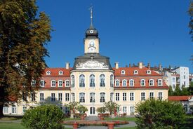 Das elegante, gelbe Gohliser Schlösschen mit rotem Dach und zentralem Turm vor strahlend blauem Himmel. Symmetrische Fenster und ein üppiger Garten vermitteln einen ruhigen, historischen Charme.