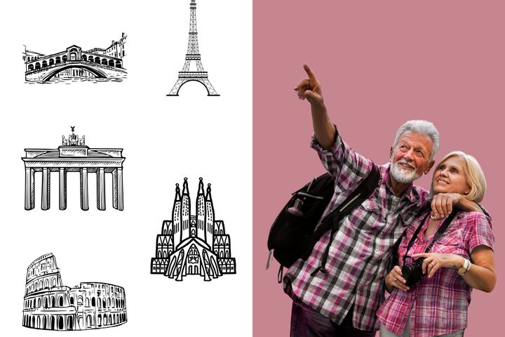 Ein älteres Ehepaar in karierten Hemden zeigt freudig mit der Kamera in der Hand vor einem rosa Hintergrund; Skizzen von bekannten Sehenswürdigkeiten auf der linken Seite veranschaulichen das Reisethema.