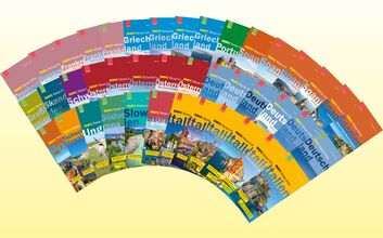 Eine fächerförmige Anordnung farbenfroher Reiseführer vor leuchtend gelbem Hintergrund. Jedes Cover zeigt Ländernamen und lebendige Landschaftsbilder.