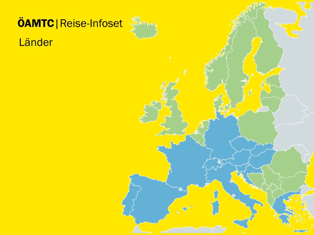 Karte mit europäischen Ländern in Blau, Grün und Grau auf gelbem Hintergrund. Links steht „ÖAMTC Reise-Infoset Länder“.