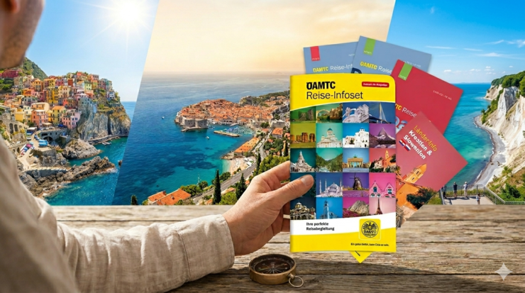 Ein Mann hält eine ÖAMTC Reise-Infoset Mappe mit Faltkarten in der Hand. Im Hintergrund ist eine Collage mit Motiven der Cinque Terre in Italien, von Dubrovnik in Kroatien und den Kalkfelsen auf Rügen zu sehen.