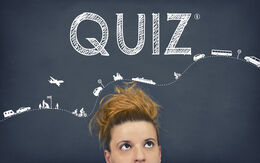 Frau vor grauem Hintergrund, im Gesicht zur Hälfte angeschnitten, sie verdreht die Augen fragend nach oben. Oben steht in weißer Schrift Quiz und es sind kleine Zeichnungen von verschiedenen Fahrzeugen in einer Kurve sichtbar.