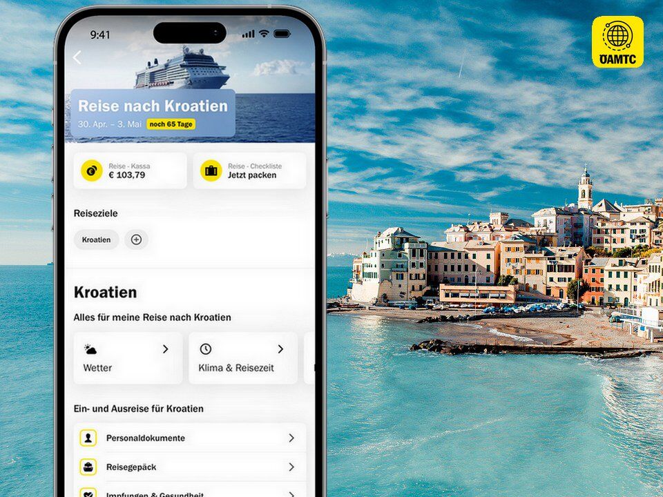 Eine Smartphone-Ansicht zeigt die Funktion "Reise planen" der ÖAMTC-App mit dem Hintergrundbild von Santorin