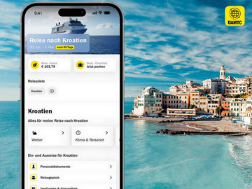 Reise planen (Mobile) Eine Smartphone-Ansicht zeigt die Funktion "Reise planen" der ÖAMTC-App mit dem Hintergrundbild von Santorin