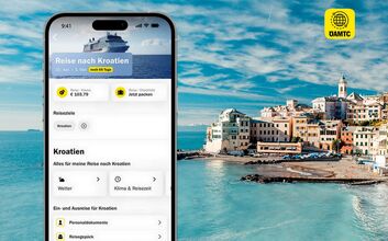 Meine Reise App (neu) - Reise planen2 Eine Smartphone-Ansicht zeigt die Funktion "Reise planen" der ÖAMTC-App mit dem Hintergrundbild von Santorin