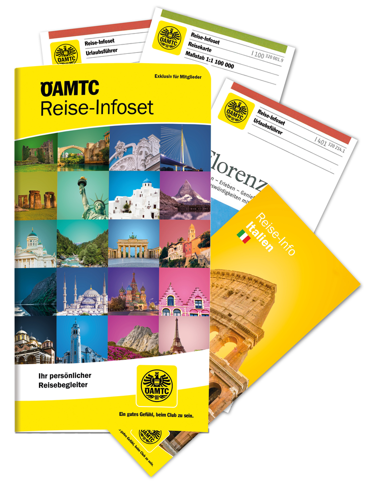 ÖAMTC Reiseinfoset mit Informationsmaterialien, Karten und Broschüren, die für eine sorgfältige Reiseplanung verwendet werden können.