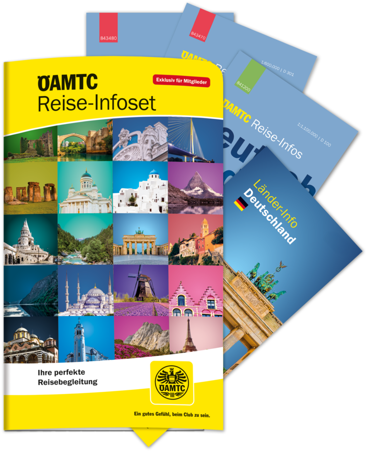 Gelbe Kartonmappe mit dem Titel „ÖAMTC Reise-Infoset“ mit bunten, lebendigen Reisezielfotos. Aus der Mappe schauen Reisebroschüren und Faltkarten mit der Aufschrift „Reise-Infos“ und „Länder-Infos“ hervor.
