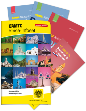 Gelbe Kartonmappe mit dem Titel „ÖAMTC Reise-Infoset“ mit bunten, lebendigen Reisezielfotos. Aus der Mappe schauen Reisebroschüren und Faltkarten mit der Aufschrift „Reise-Infos“ und „Länder-Infos“ hervor.
