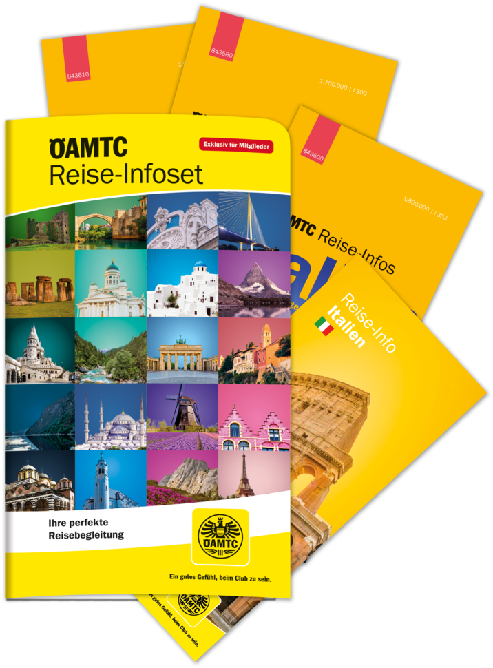 Gelbe Kartonmappe mit dem Titel „ÖAMTC Reise-Infoset“ mit bunten, lebendigen Reisezielfotos. Aus der Mappe schauen Reisebroschüren und Faltkarten mit der Aufschrift „Reise-Infos“ und „Länder-Infos“ hervor.