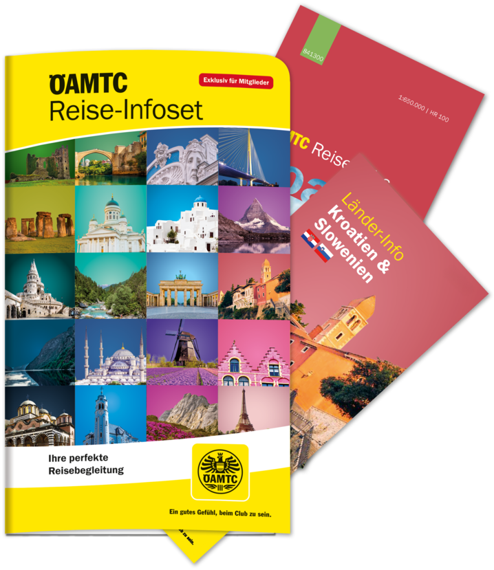 Gelbe Kartonmappe mit dem Titel „ÖAMTC Reise-Infoset“ mit bunten, lebendigen Reisezielfotos. Aus der Mappe schauen Reisebroschüren und Faltkarten mit der Aufschrift „Reise-Infos“ und „Länder-Infos“ hervor.