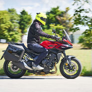 Motorradfahrerin oder Motorradfahrer mit gelbem Helm fährt eine rote Honda CB1000GT mit schwarzen Seitenkoffern auf einer Landstraße; der Hintergrund ist durch die Bewegung unscharf.