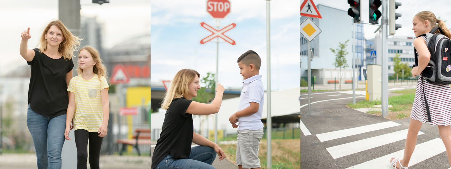 Collage aus Bildern die eine Frau und ein Schulkind am Schulweg in verschiedenen Verkehrssituationen zeigt