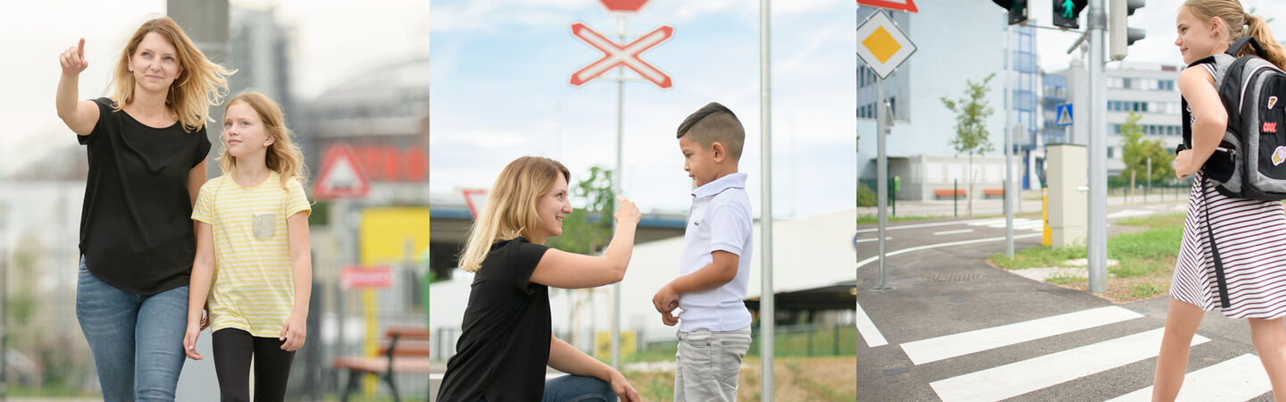 Schulweg_OEAMTC_Marrtin Hörmandinger_001_CMS.jpg Collage aus Bildern die eine Frau und ein Schulkind am Schulweg in verschiedenen Verkehrssituationen zeigt