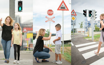 Schulweg_OEAMTC_Marrtin Hörmandinger_001_CMS.jpg Collage aus Bildern die eine Frau und ein Schulkind am Schulweg in verschiedenen Verkehrssituationen zeigt