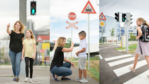 Collage aus Bildern die eine Frau und ein Schulkind am Schulweg in verschiedenen Verkehrssituationen zeigt