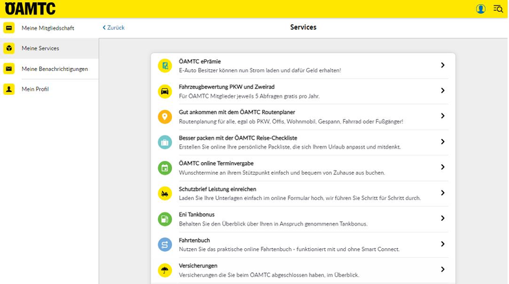 Screenshot der ÖAMTC-Website zeigt verschiedene Services wie ePanne, Fahrzeugbewertung, Routenplaner, Reise-Checkliste, Terminvereinbarung, Schutzbrief, Tankstellen, Fahrtenbuch und Versicherungen.