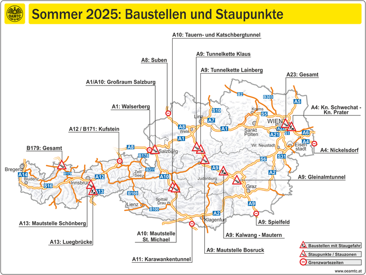 © ÖAMTC Grafik zu Staupunkten und Baustellen im Sommerreiseverkehr 2025