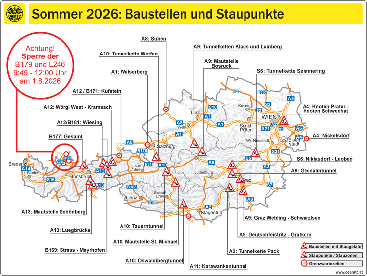Sommerreiseverkehr 2026: Staupunkte, Baustellen, Fernpass-Blockade