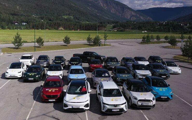 Eine Gruppe von Elektroautos parkt auf einem Parkplatz.
