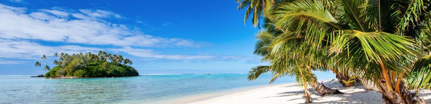 Ein wunderschöner Strand mit feinem weißen Sand und grünen Palmen, ergänzt durch das türkisblaue Wasser. Eine charmante kleine Insel befindet sich nahe des Strands. 
