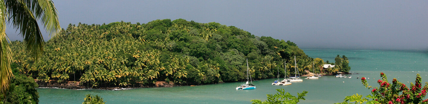Panoramablick auf die Iles du Salut vor der Küste von Französisch-Guayana, umgeben vom türkisfarbenen Wasser des Atlantiks