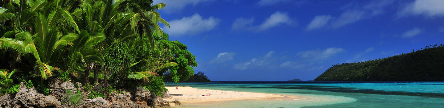 "Idyllischer weißer Sandstrand umgeben von Palmen und türkisblauem Wasser.