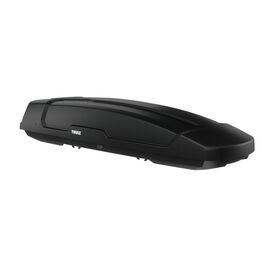 Schwarze Dachbox mit weißer Aufschrift Thule