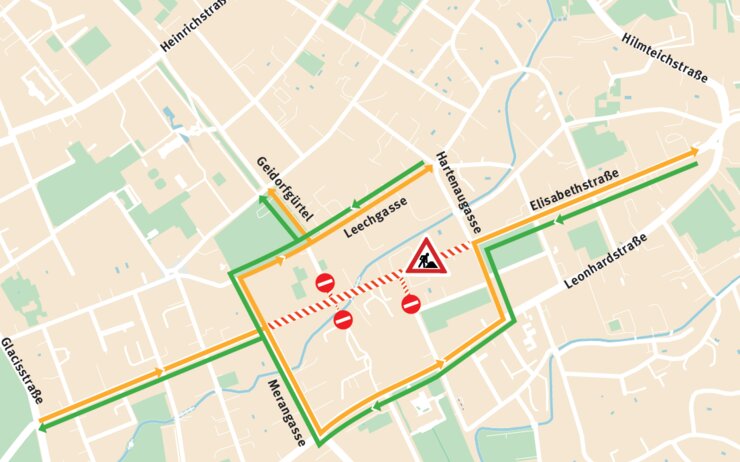 Umleitung Elisabethstraße Stadtplan, auf dem die Umleitungen für die Sperre der Elisabethstraße in Graz eingezeichnet sind