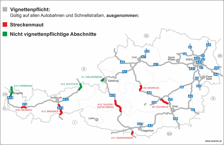 Österreichkarte mit eingezeichneten Abschnitten vignettenpflichtiger Straßen.