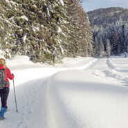 Ein Wanderer geht mit Wanderstöcken auf einem verschneitem Weg.