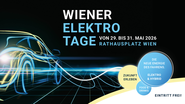 Werbeplakat für Wiener Elektro Tage von 29.-31. Mai 2026 am Rathausplatz Wien