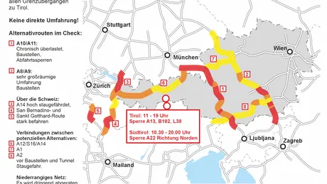 Brennerblockade: Zu sehen sind mögliche Alterniven sowie deren Stauanfälligkeit.