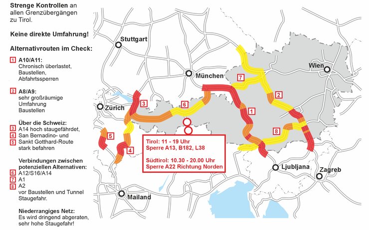 Brennerblockade: Zu sehen sind mögliche Alterniven sowie deren Stauanfälligkeit.