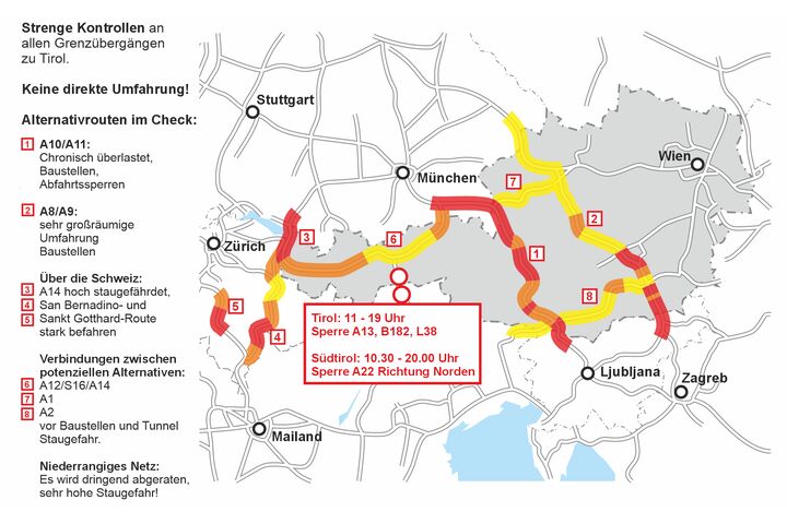 Brennerblockade: Zu sehen sind mögliche Alterniven sowie deren Stauanfälligkeit.