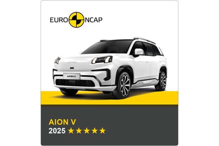 Auf dem Bild sieht man ein weißes Auto. Darüber das Logo des Crashtest-Konsortiums Euro NCAP. Unter dem Auto steht in gelber Schrift auf grauem Hintergrund, um welches Fahrzeug es sich handelt sowie die Sternebewertung, in weißer Schrift das Jahr des Tests.