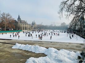 eine große Eislauffläche mit vielen Menschen im Budapester Stadtpark