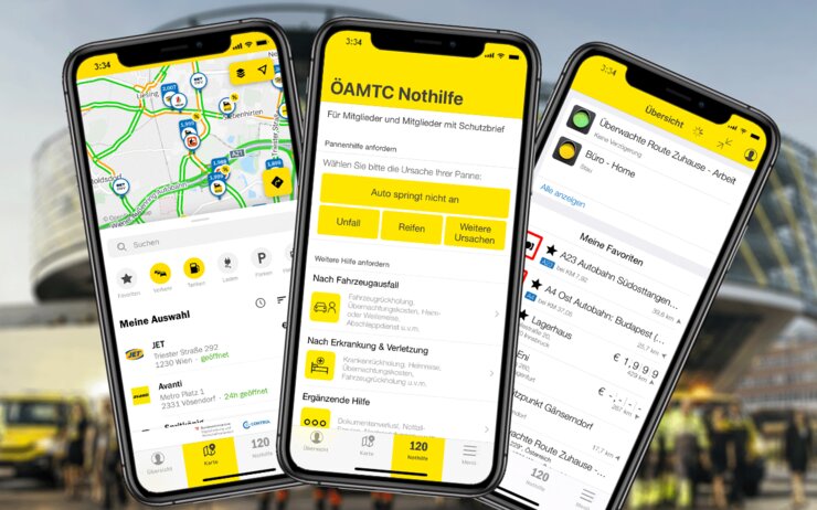neue_oeamtc_app_2022 Drei Smartphone leicht verschoben übereinander. Am Display ist die ÖAMTC-App geöffnet ist. Es sind drei verschiede Funktionen der App geöffnet