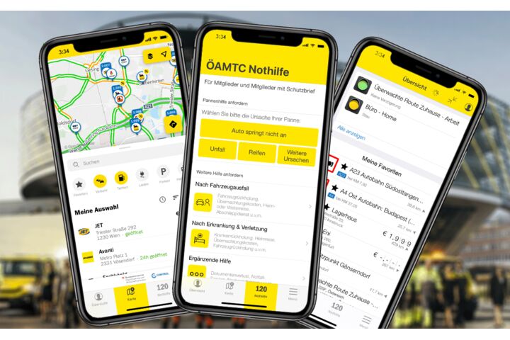 Drei Smartphone leicht verschoben übereinander. Am Display ist die ÖAMTC-App geöffnet ist. Es sind drei verschiede Funktionen der App geöffnet