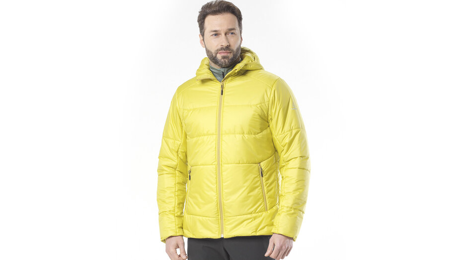 Produktbild einer Fahrrad Windjacke in Gelb. Ein Mann trägt sie.