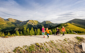 Wanderweg in den Bergen in Kärnten. Zwei Kinder laufen vor, die Erwachsenen, ein Mann im Rollstuhl und eine Frau folgen ihnen.