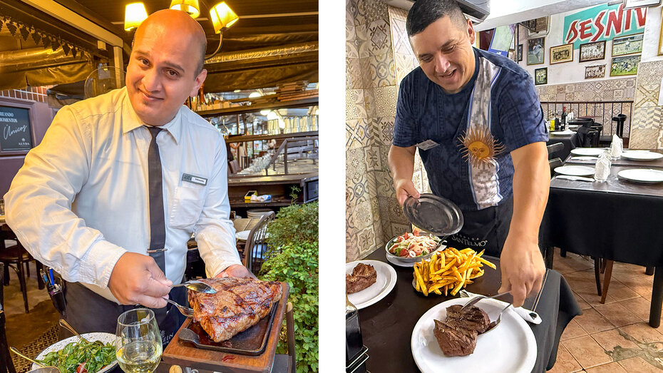 Zwei Bilder nebeneinander: Ein Kellner mit Steak im Lo de Jesus, einer im Desnivel
