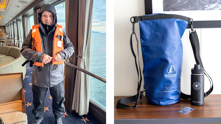 Redakteur Helmut Eckler mit Regenjacke, Regenhose und Schwimmweste vor dem Ausflug UND Drybag plus Wasserflasche