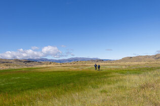 saftig grüne Hochebene mit zwei Wanderern