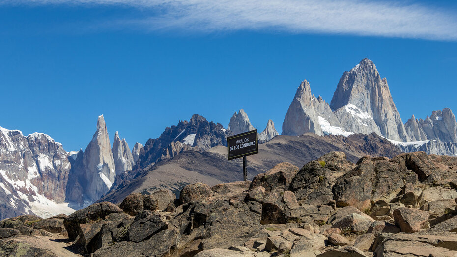 Blick vom Mirador de las Condores auf die Berge Fitz Roy und Cerro Torre