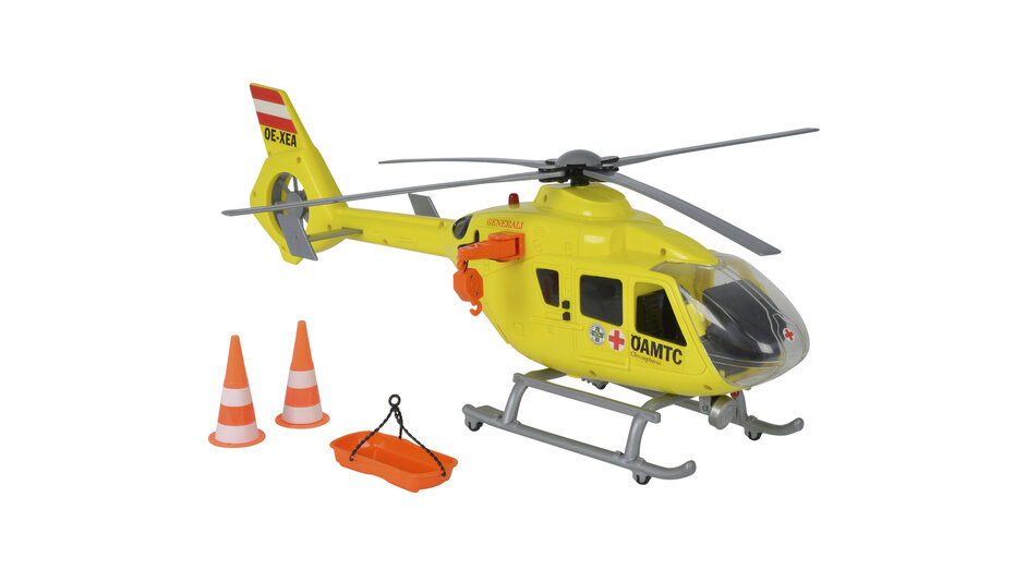 Produktfoto: ÖAMTC-Rettungshubschrauber für Kinder, mit 2 Pylonen und Trage.