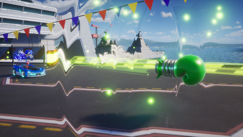 Screenshot aus Sonic Racing: Crossworlds. Man sieht einen fliegenden grünen Handschuh.