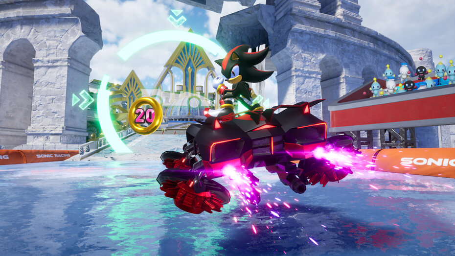 Screenshot aus Sonic Racing: Crossworlds. Figur Shadow fliegt über Wasser.